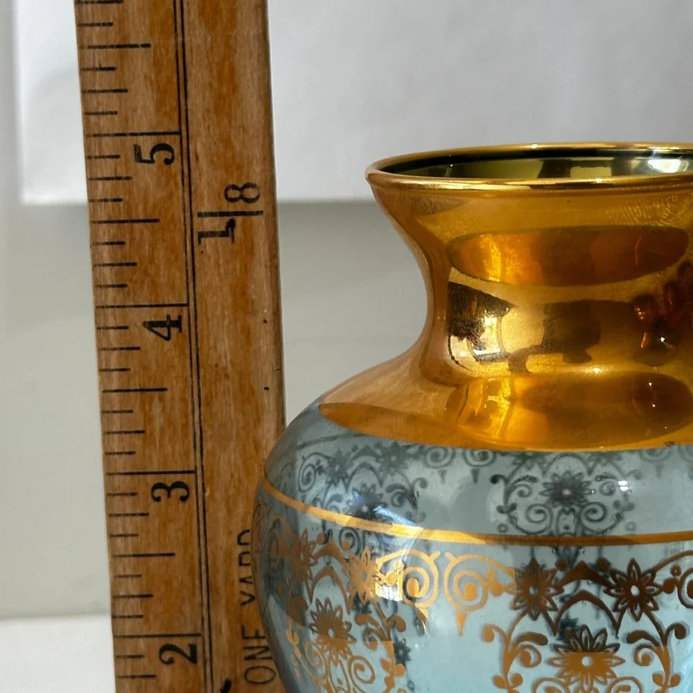 Vintage Venezia Turquoise Blue Glass Bud Vase Gold Painted Filigree Trim 5